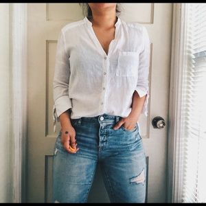 Zara White Linen Tie-Sleeves Button Up Shirt